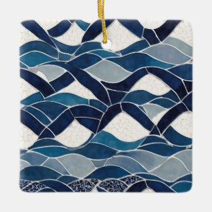 Blauw wit golfpatroon 01 keramisch ornament