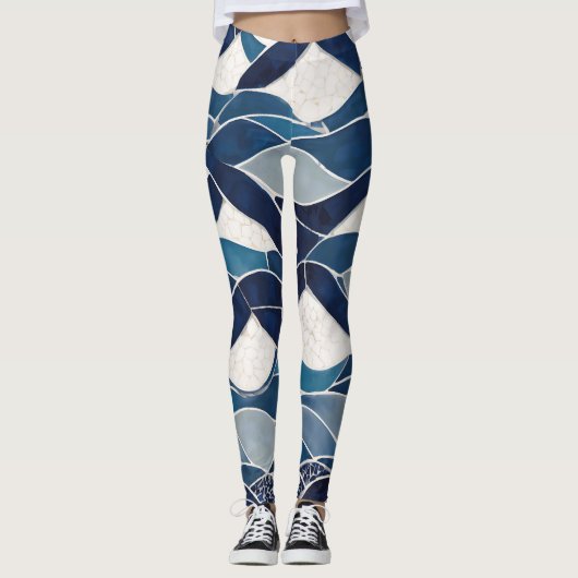 Blauw wit golfpatroon 01 leggings (Voorkant)