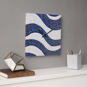 Blauw wit golfpatroon 04 vierkante klok