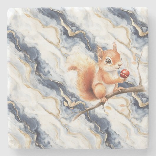 Blauw Wit Goud Abstract Eekhoorn Appel Stenen Onderzetter (Voorkant)