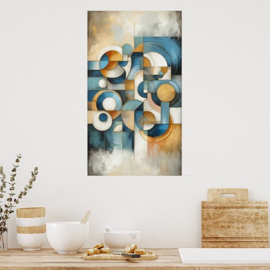 Blauw Wit Goud Abstract Geometrisch Poster (Keuken)