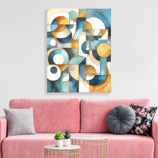 Blauw Wit Goud Abstracte geometrische kunst Canvas Afdruk (Insitu (Woonkamer))