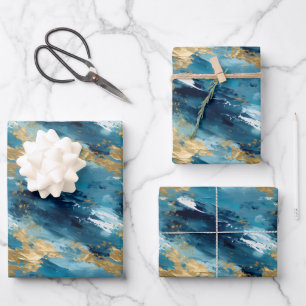 Blauw, Wit & Goud Abstracte Schilderij Inpakpapier Vel
