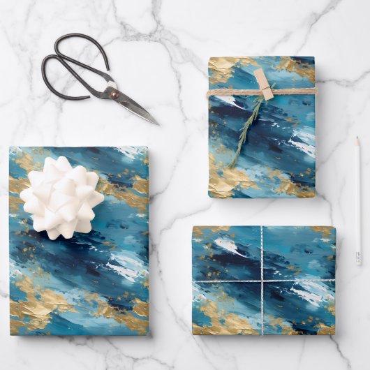 Blauw, Wit & Goud Abstracte Schilderij Inpakpapier Vel (Voorkant)