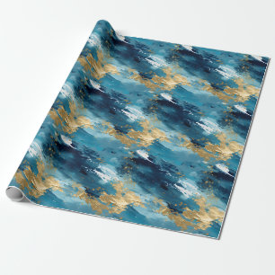 Blauw, Wit & Goud Abstracte Schildering Cadeaupapier