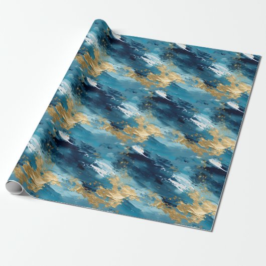 Blauw, Wit & Goud Abstracte Schildering Cadeaupapier (Uitgerold)