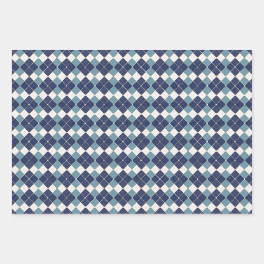 blauw wit goud argyle plaid patroon inpakpapier vel (Voorkant 3)