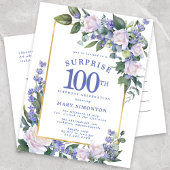 Blauw Wit Goud Bloemen 100e Verrassingsverjaardag Uitnodiging Briefkaart
