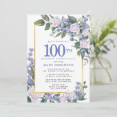 Blauw Wit Goud Bloemen 100ste Verjaardag Diner Kaart (Staand voorkant)