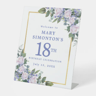 Blauw Wit Goud Bloemen 18e Verjaardag Welkom Reclamebord Met Voetstuk