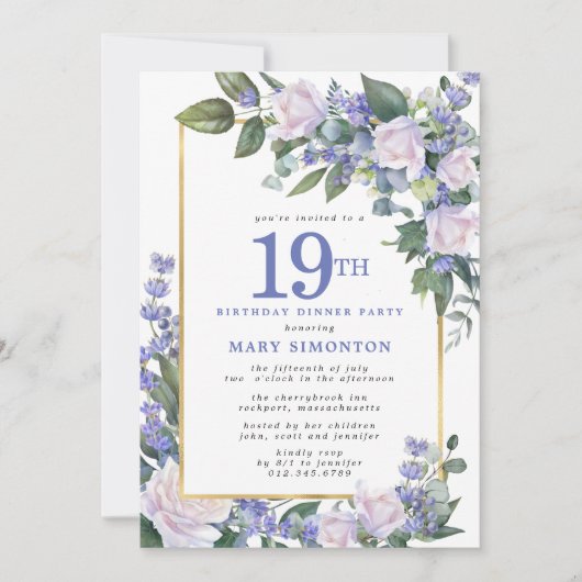 Blauw Wit Goud Bloemen 19e Verjaardag Diner Kaart (Voorkant)