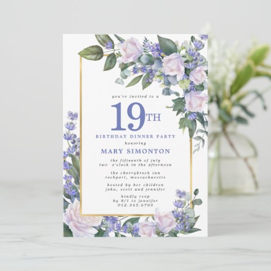 Blauw Wit Goud Bloemen 19e Verjaardag Diner Kaart (Staand voorkant)