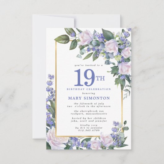 Blauw Wit Goud Bloemen 19e Verjaardag Kaart (Voorkant)