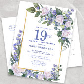 Blauw Wit Goud Bloemen 19e Verjaardagsfeest Uitnodiging Briefkaart