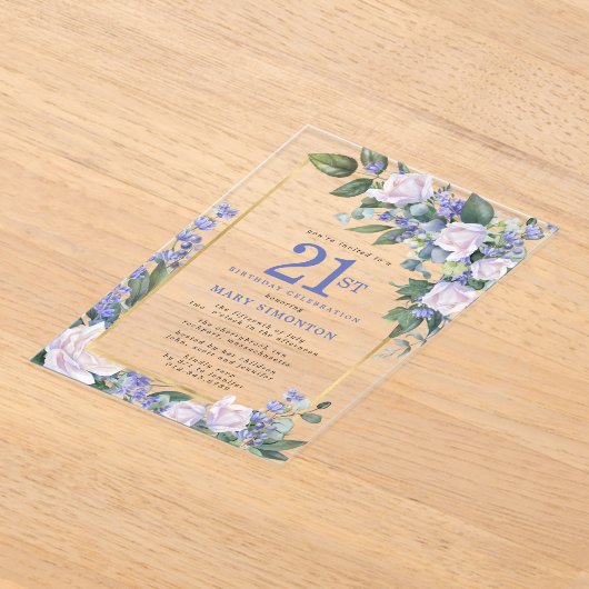 Blauw Wit Goud Bloemen 21e Verjaardag Acryl Uitnodigingen (Laagn)