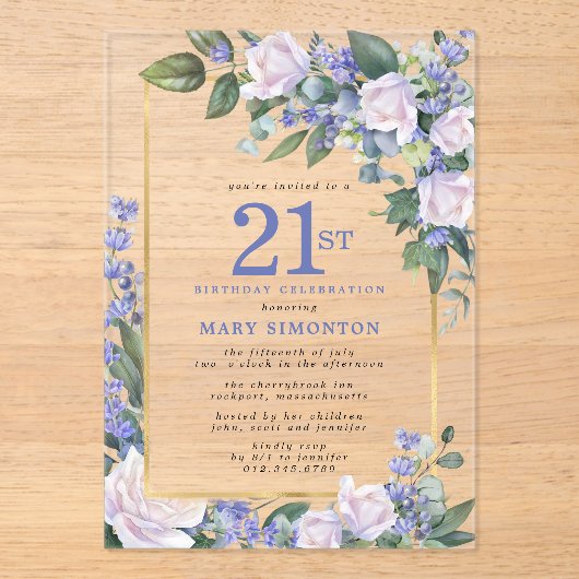 Blauw Wit Goud Bloemen 21e Verjaardag Acryl Uitnodigingen (Voorkant)
