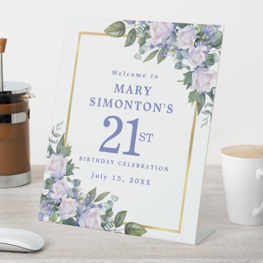 Blauw Wit Goud Bloemen 21e Verjaardag Welkom Reclamebord Met Voetstuk (Insitu)