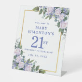 Blauw Wit Goud Bloemen 21e Verjaardag Welkom Reclamebord Met Voetstuk (Voorkant)