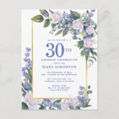 Blauw Wit Goud Bloemen 30e Verjaardagsfeest Uitnodiging Briefkaart (Voorkant)