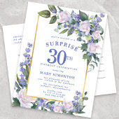 Blauw Wit Goud Bloemen 30e Verrassingsverjaardag Uitnodiging Briefkaart