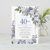 Blauw Wit Goud Bloemen 40e Verjaardag Diner Kaart (Staand voorkant)