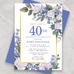 Blauw Wit Goud Bloemen 40e Verjaardag Kaart<br><div class="desc">Eer een speciale vrouw met deze elegante en vrouwelijke 40e uitnodiging voor een verjaardagsfeestje. De 40e is geschreven in grote blauwe tekst. Verjaardagsviering volgt. De naam van de gehonoreerde gast is ook in blauwe hoofdletters. De rest van de tekst is zacht donkergrijs. De verjaardagsviering details zijn omgeven door een chique...</div>