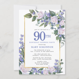 Blauw Wit Goud Bloemen 90ste Verjaardag Diner Kaart