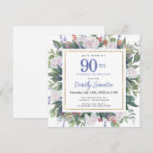 Blauw Wit Goud Bloemen 90ste Verjaardagsplein Kaart (Voorkant / Achterkant)