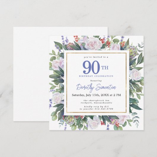 Blauw Wit Goud Bloemen 90ste Verjaardagsplein Kaart (Voorkant / Achterkant)