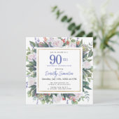 Blauw Wit Goud Bloemen 90ste Verjaardagsplein Kaart (Staand voorkant)