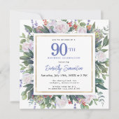 Blauw Wit Goud Bloemen 90ste Verjaardagsplein Kaart (Voorkant)