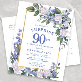 Blauw Wit Goud Bloemen 90ste Verrassingsverjaardag Uitnodiging Briefkaart