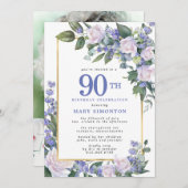 Blauw Wit Goud Bloemen Foto 90e Verjaardag Kaart (Voorkant / Achterkant)