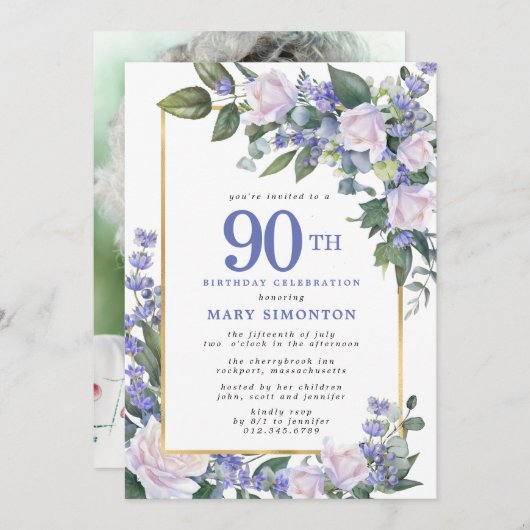 Blauw Wit Goud Bloemen Foto 90e Verjaardag Kaart (Voorkant / Achterkant)