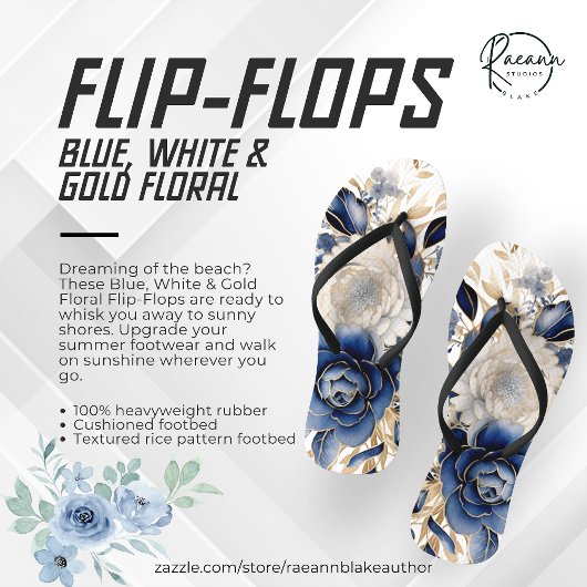 Blauw, Wit & Goud Bloemenslippers Teenslippers