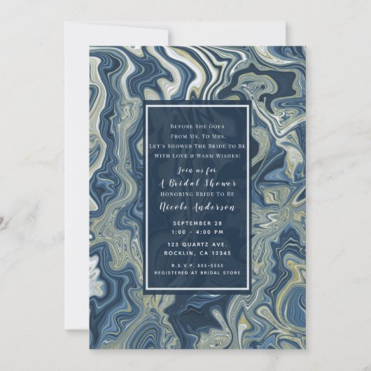 Blauw Wit Goud Chic Swirl Modern Vrijgezellenfeest Kaart (Voorkant)