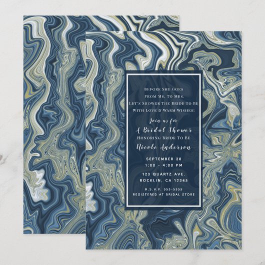 Blauw Wit Goud Chic Wervelende Moderne Bruidsdouch Kaart (Voorkant / Achterkant)