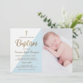 Blauw Wit Goud Doopsel baby Boy foto Kaart (Staand voorkant)