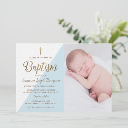 Blauw Wit Goud Doopsel baby Boy foto Kaart (Staand voorkant)