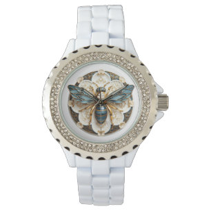 Blauw Wit Goud Glas in lood Elegant Bee Horloge