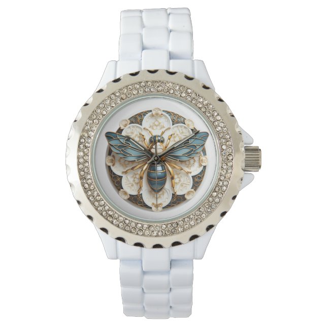 Blauw Wit Goud Glas in lood Elegant Bee Horloge (Voorkant)