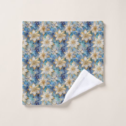 Blauw Wit Goud Kerstmis Poinsettias Bad Handdoek (Wasdoekje)