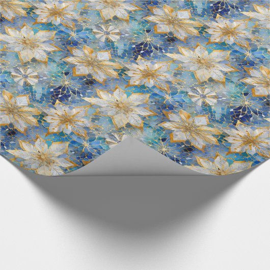 Blauw Wit Goud Kerstmis Poinsettias Cadeaupapier (Hoek)