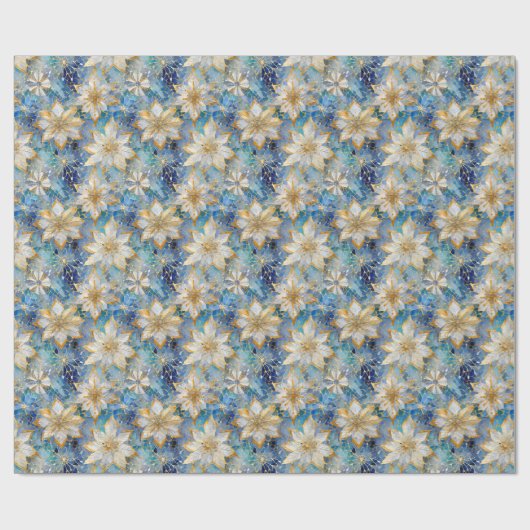 Blauw Wit Goud Kerstmis Poinsettias Cadeaupapier (Vlak)