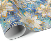 Blauw Wit Goud Kerstmis Poinsettias Cadeaupapier (Rol Hoek)