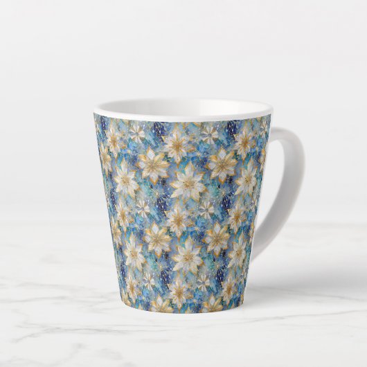 Blauw Wit Goud Kerstmis Poinsettias Latte Mok (Rechterhoek)