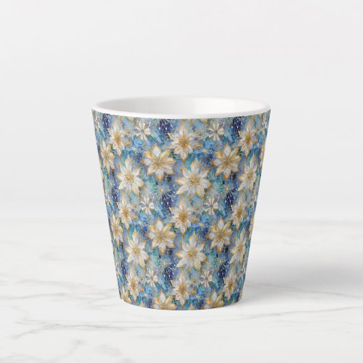 Blauw Wit Goud Kerstmis Poinsettias Latte Mok (Voorkant)