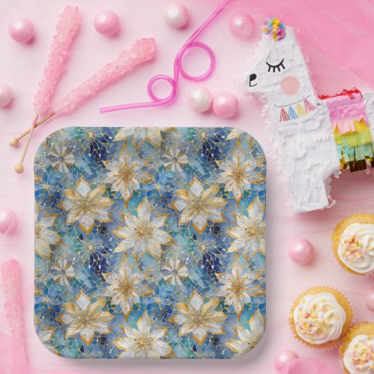 Blauw Wit Goud Kerstmis Poinsettias Papieren Bordje (Feest)