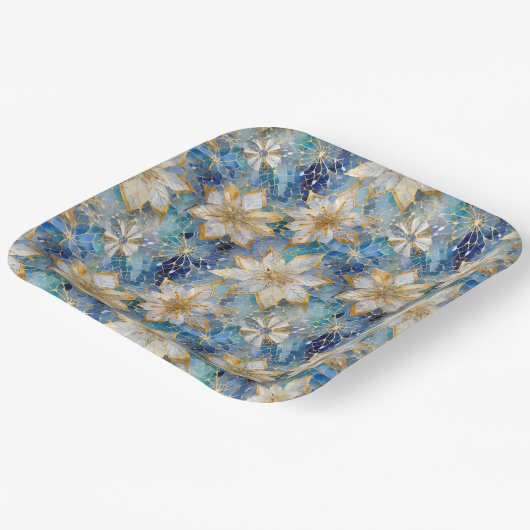 Blauw Wit Goud Kerstmis Poinsettias Papieren Bordje (Gebogen)