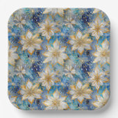 Blauw Wit Goud Kerstmis Poinsettias Papieren Bordje (Voorkant)